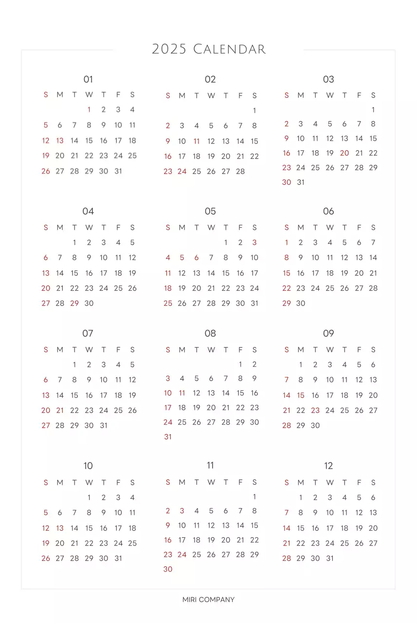 白と黒のシンプルな2025年版数字の壁掛けカレンダー