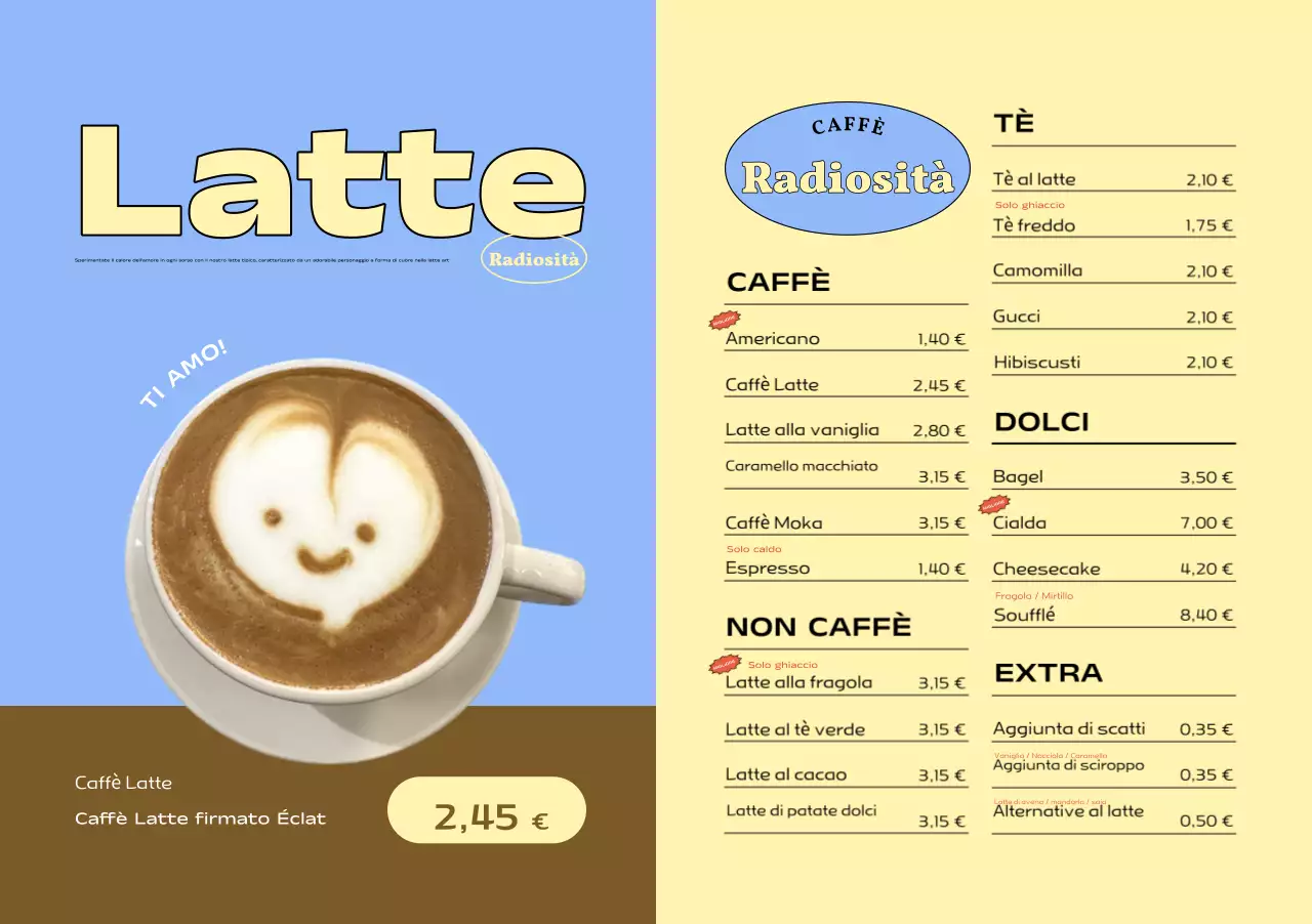 Cartellone del menu di un caffè moderno di colore blu