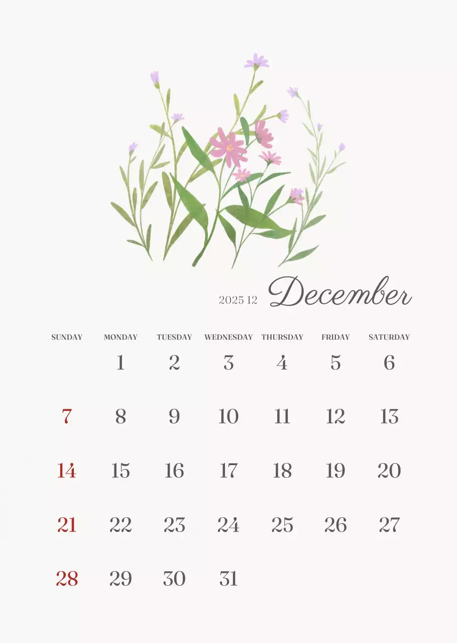 アイボリーとグリーンのシンプルな2025年花柄壁掛けカレンダー