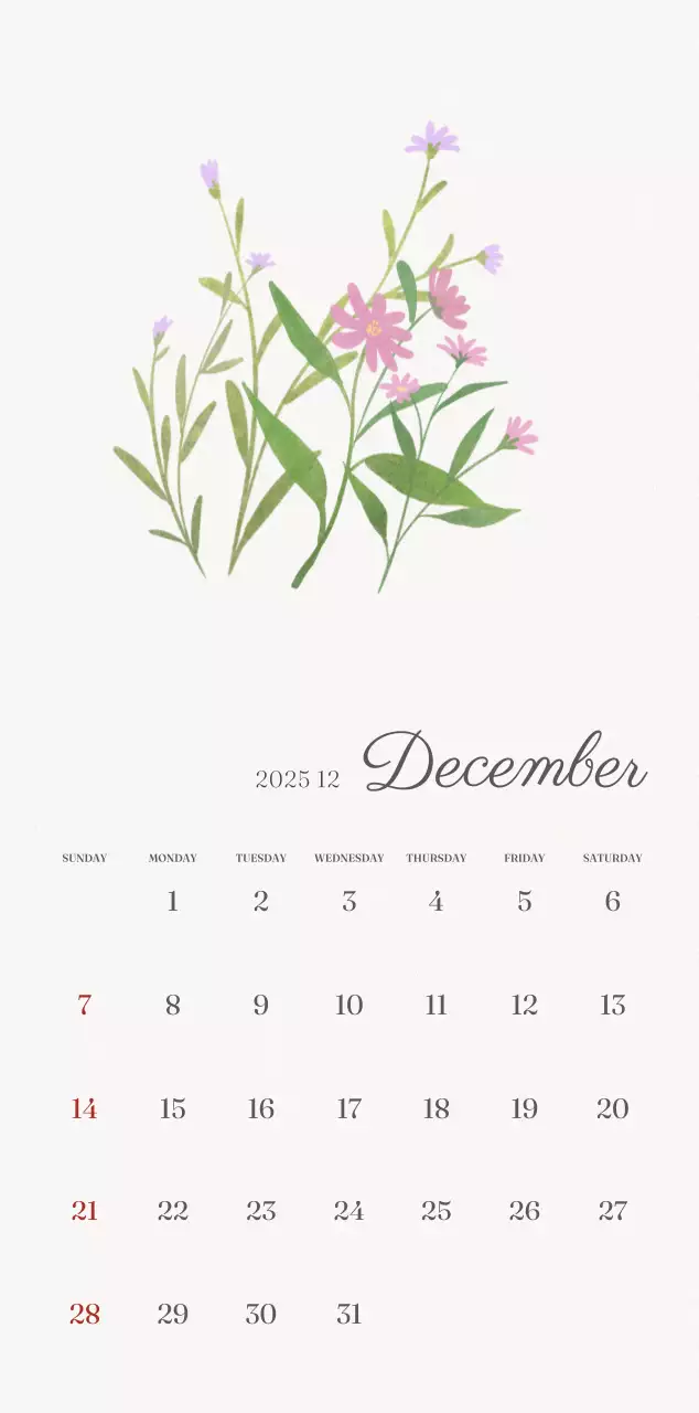 アイボリーとグリーンのシンプルな2025年花柄壁掛けカレンダー