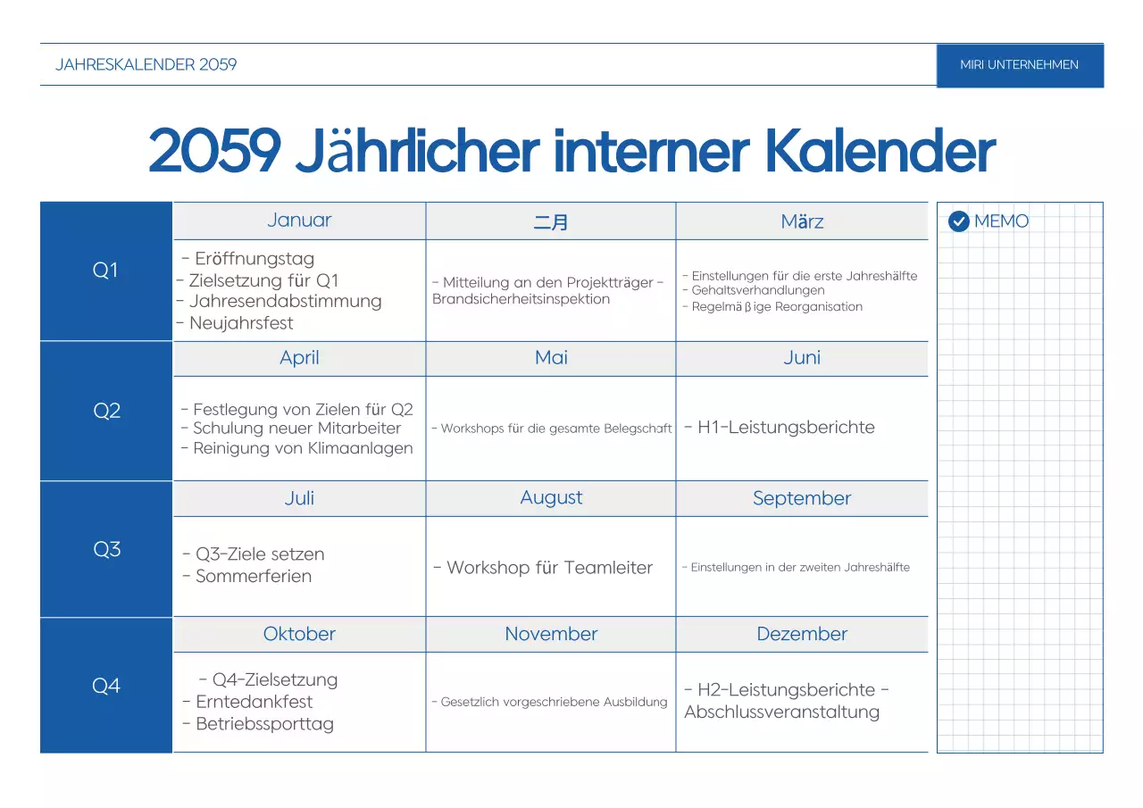 Blauer Standard-Jahresplanungskalender