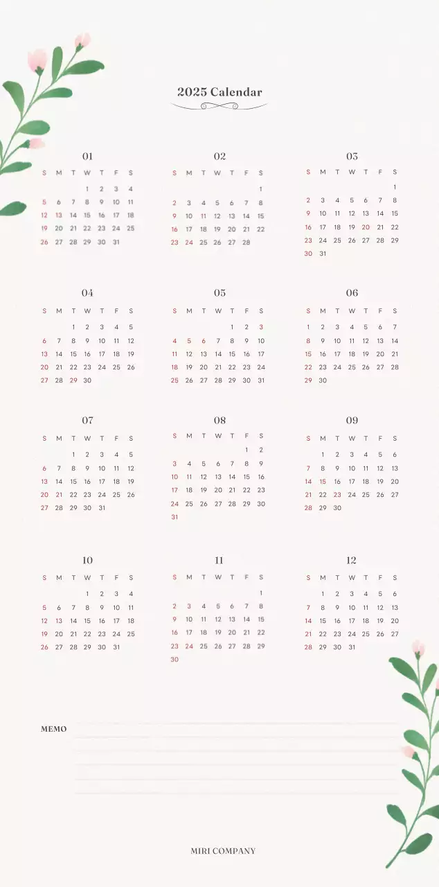 アイボリーとグリーンのシンプルな2025年花柄壁掛けカレンダー