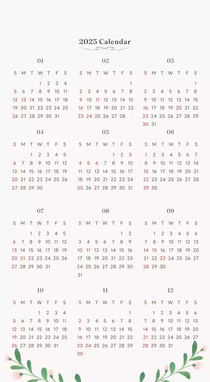 アイボリーとグリーンのシンプルな2025年花柄卓上カレンダー