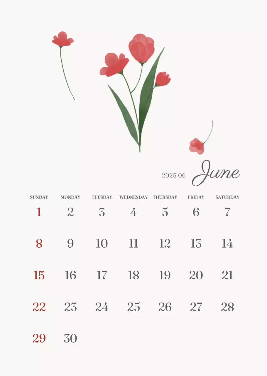 アイボリーとグリーンのシンプルな2025年花柄壁掛けカレンダー