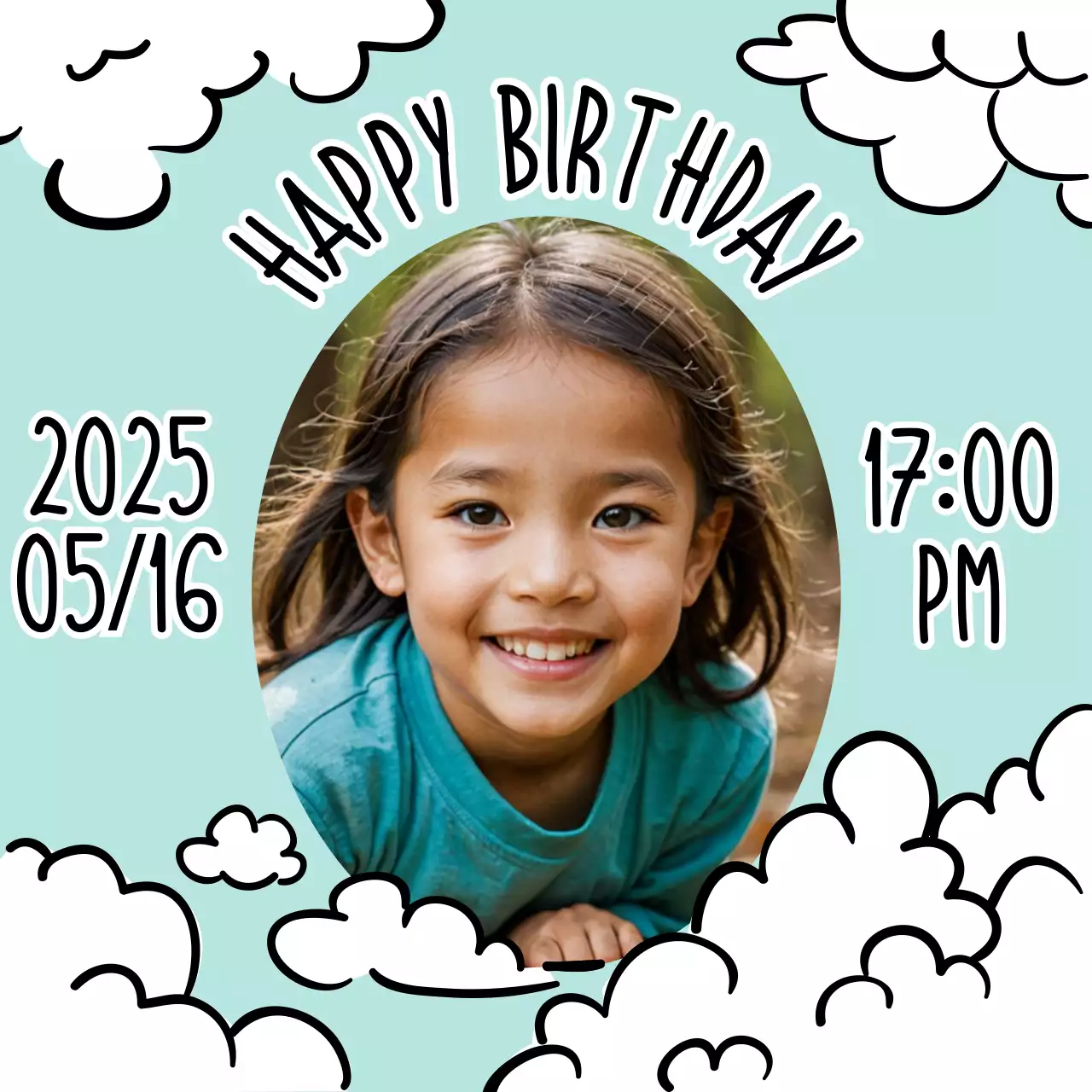 민트색 아기자기한 생일 초대장