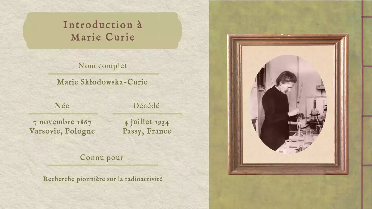 Classique Vintage Présentation de l'histoire de Marie Curie