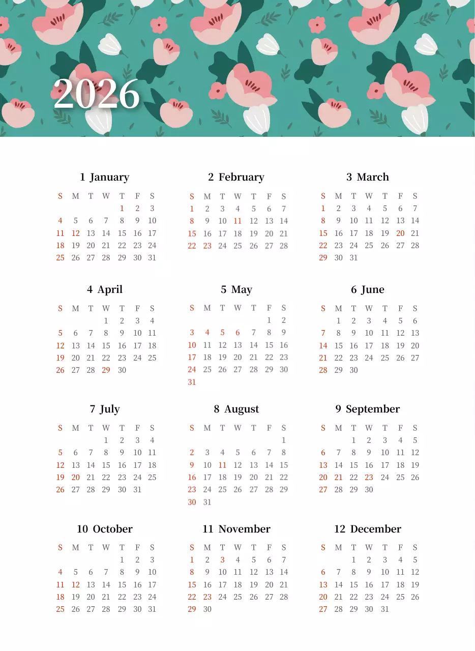 カラフルで美しい花のカレンダー