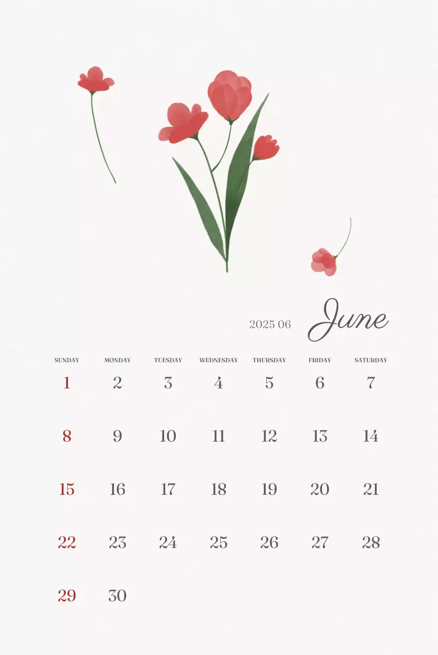 アイボリーとグリーンのシンプルな2025年花柄壁掛けカレンダー