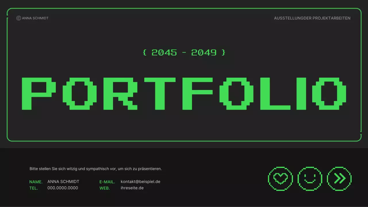 Portfolio mit einfachen pixeligen Illustrationen in Neonfarben für das neue Jahr