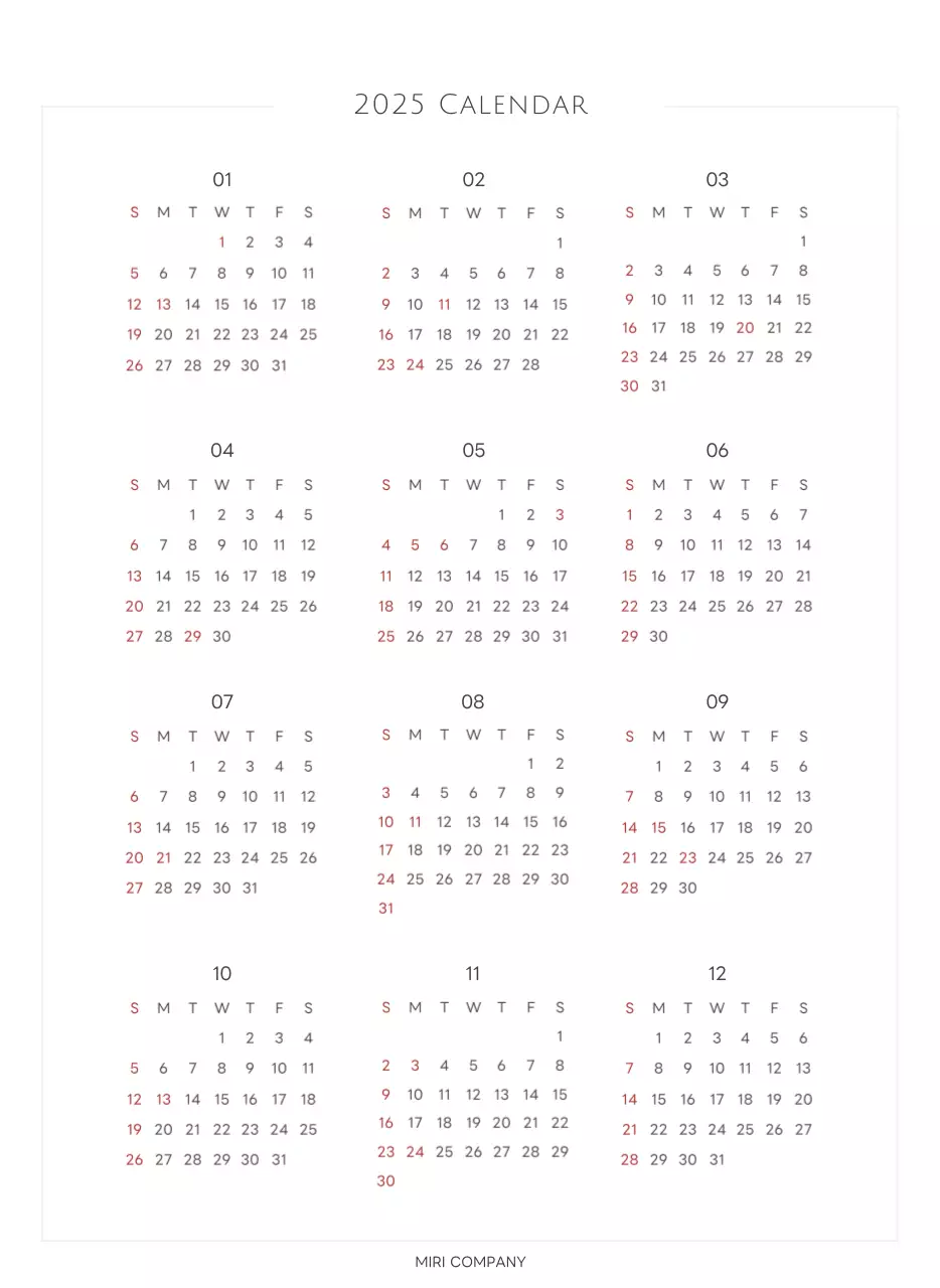 白と黒のシンプルな2025年版数字の壁掛けカレンダー