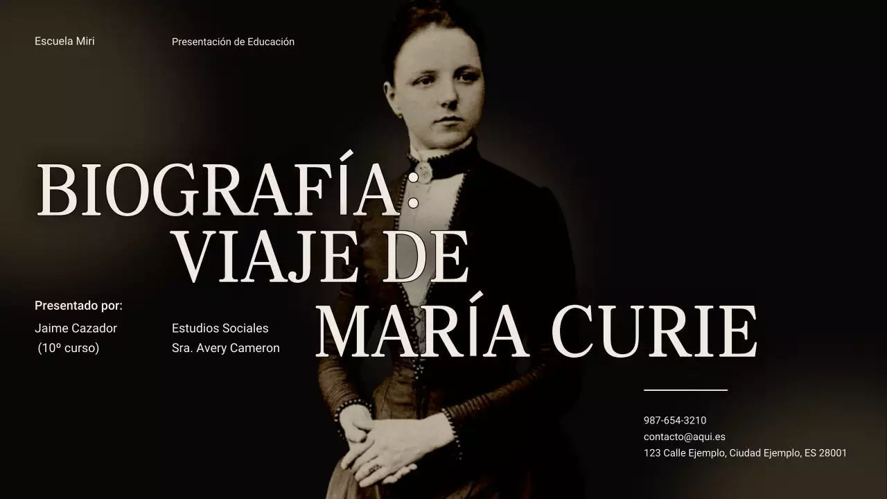 Black and Beige Vintage Minimal Exploring the Life of Marie Curie Material de clase
