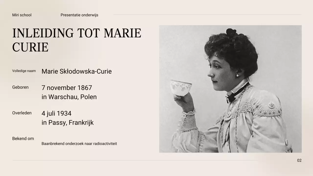 Zwart en beige Vintage Minimal Exploring the Life of Marie Curie Lesmateriaal