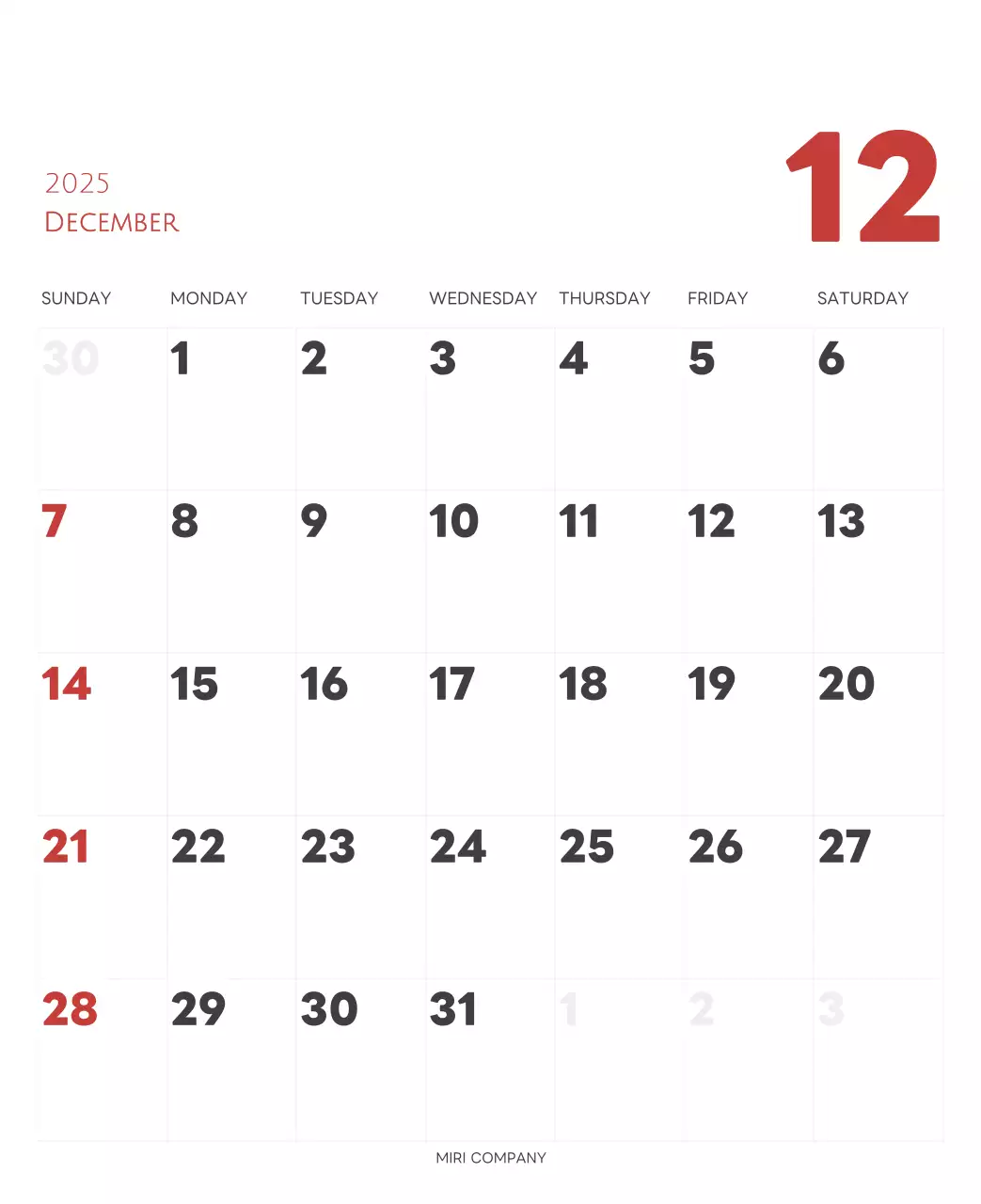 白と黒のシンプルな2025年版数字卓上カレンダー