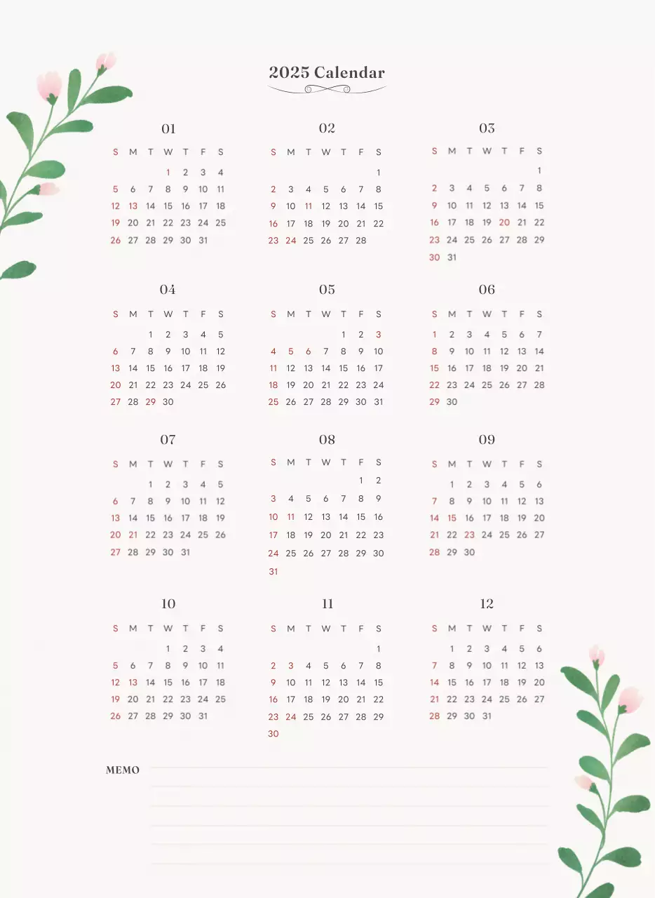 アイボリーとグリーンのシンプルな2025年花柄壁掛けカレンダー