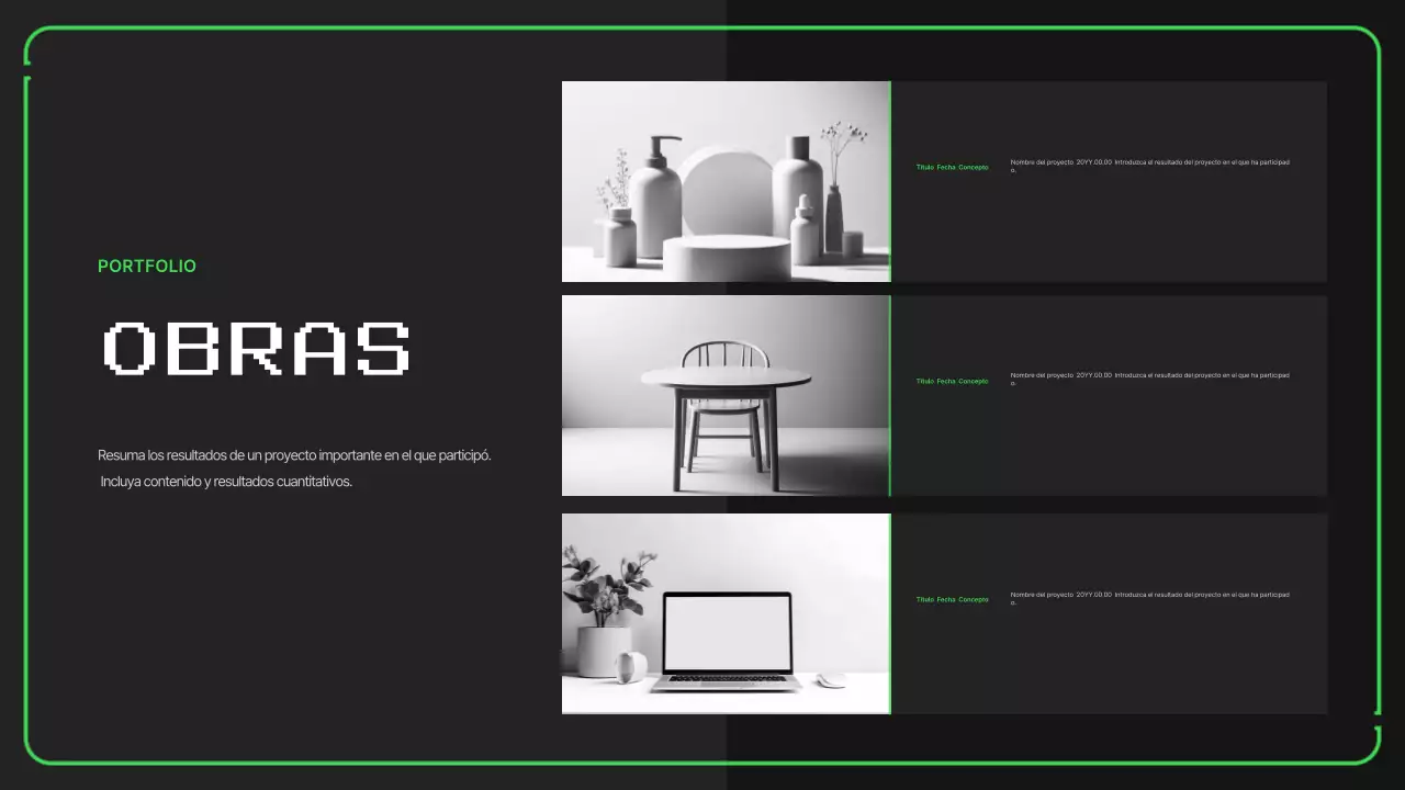 Portafolio con sencillas ilustraciones pixeladas en colores neón para el nuevo año