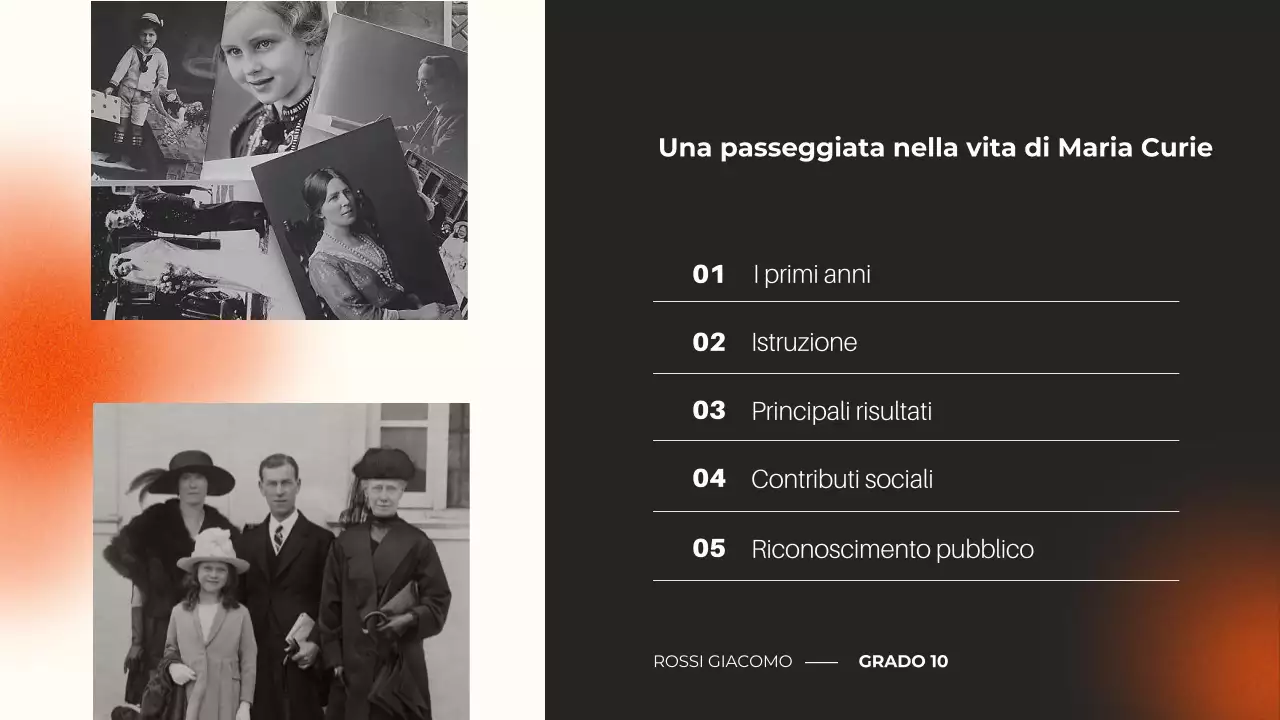 presentazione del corso di biografia moderna in nero e arancio