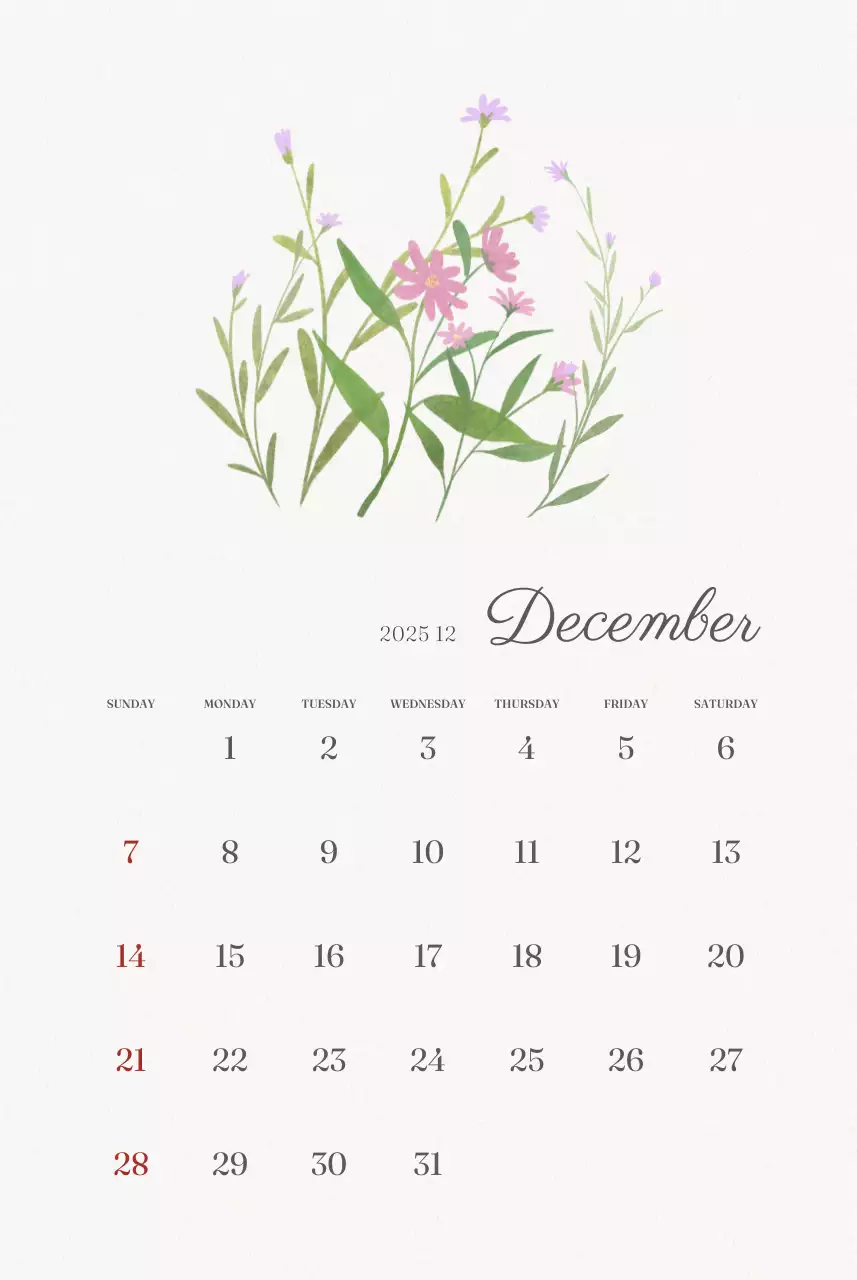 アイボリーとグリーンのシンプルな2025年花柄壁掛けカレンダー