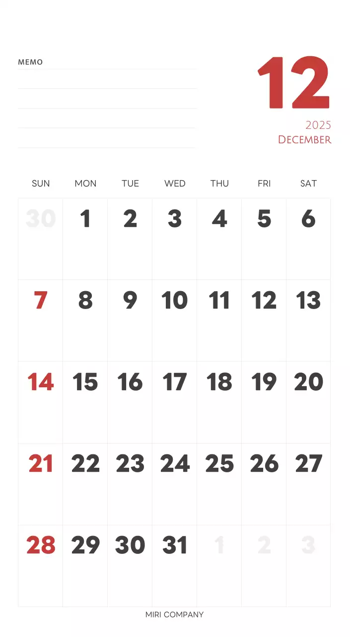 白と黒のシンプルな2025年版数字卓上カレンダー