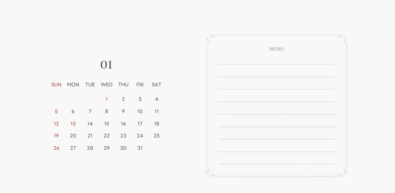 アイボリーとグリーンのシンプルな2025年花柄卓上カレンダー