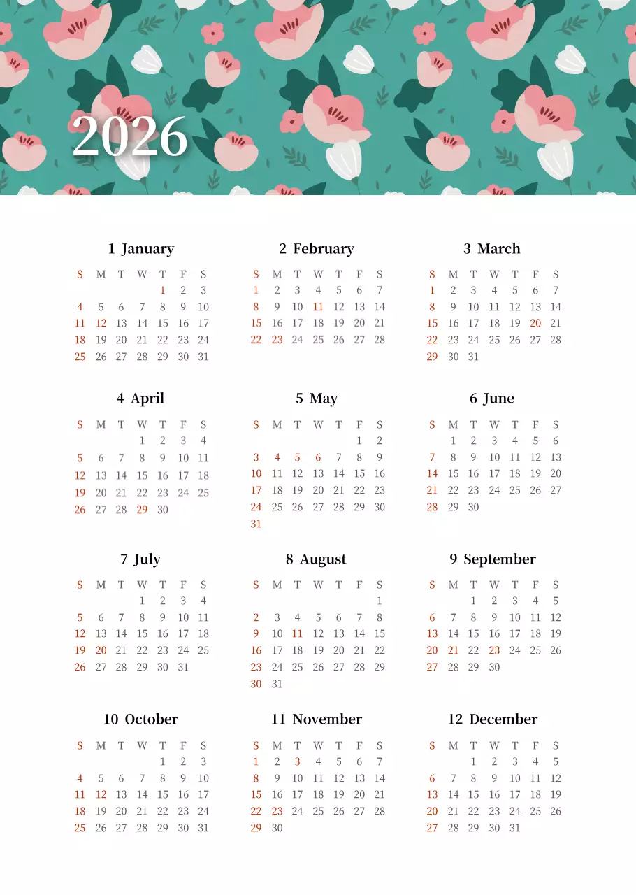 カラフルで美しい花のカレンダー