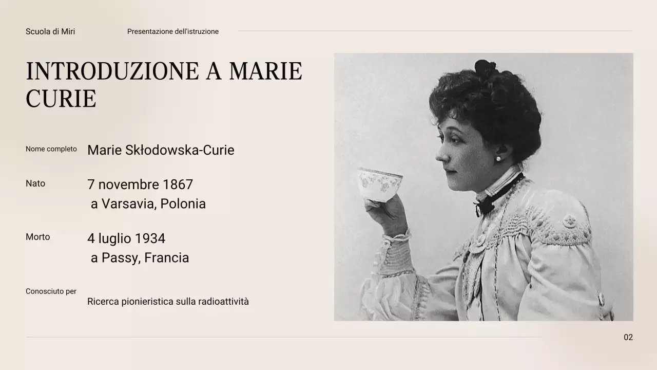 Nero e beige Vintage Minimal Esplorando la vita di Marie Curie Materiale di classe