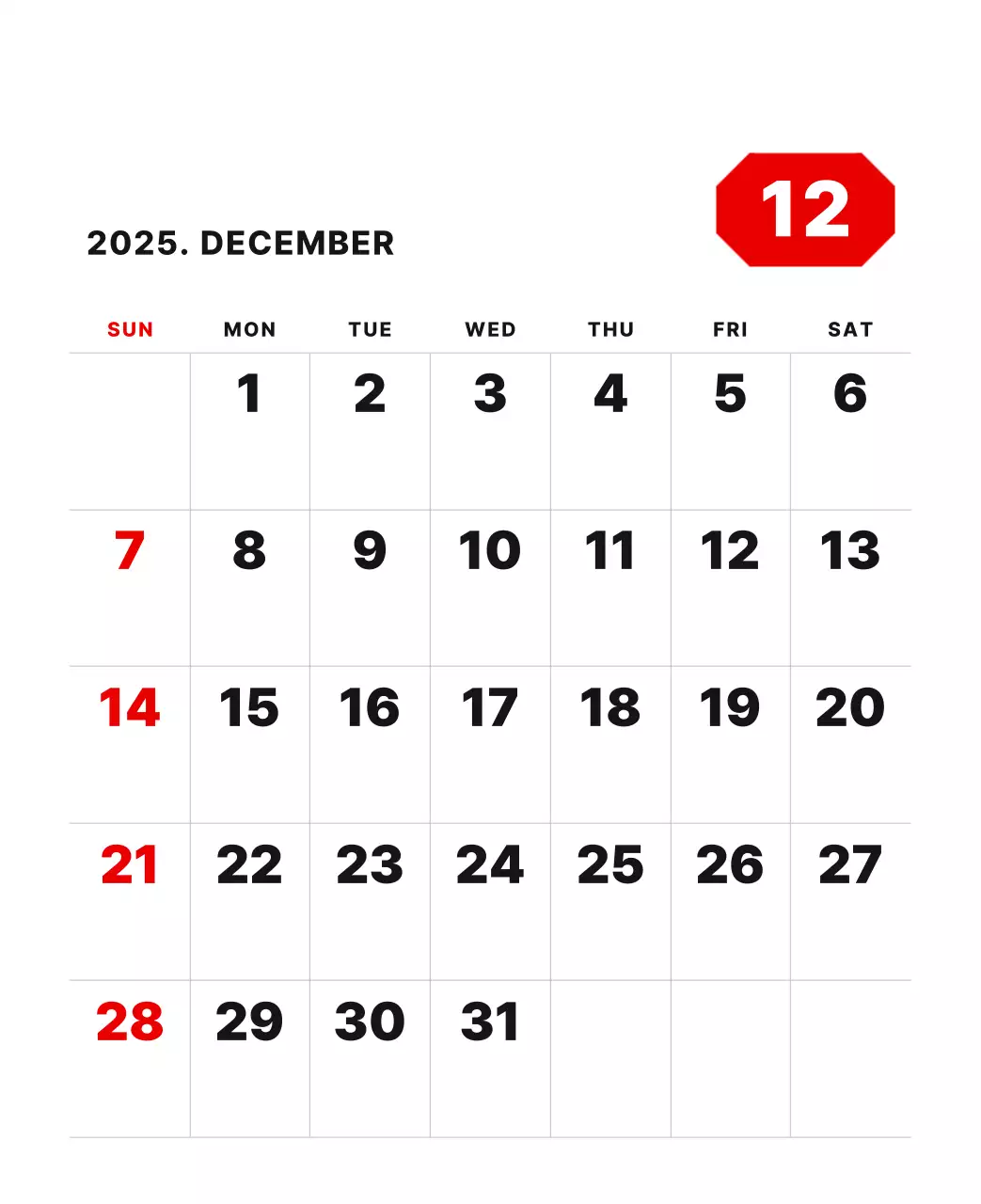 カラフルでシンプルな数字カレンダー