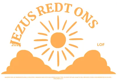 Promoot een eenvoudige kerk met een illustratie van de zon die boven de wolken uitkomt