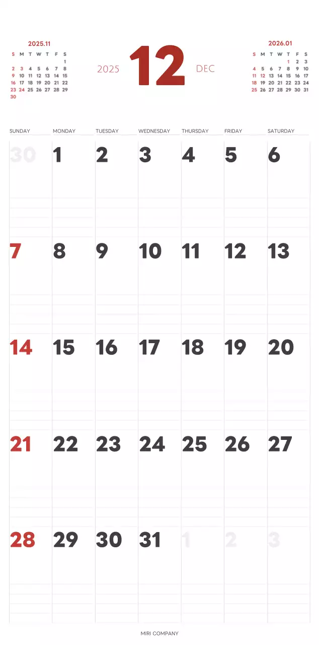 白と黒のシンプルな2025年版数字の壁掛けカレンダー