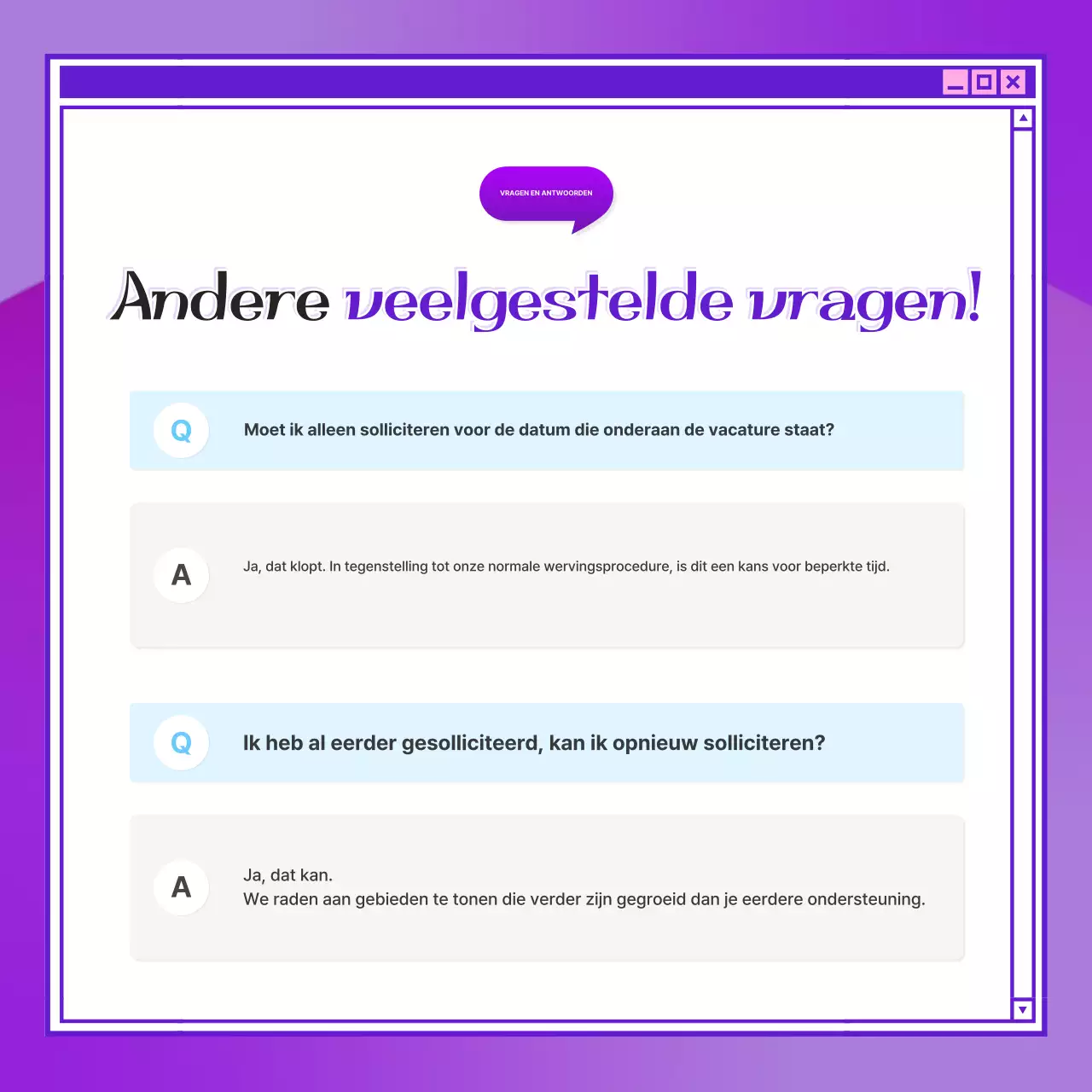Een paarse, kitscherige rekruteringsgids met vragen en antwoorden