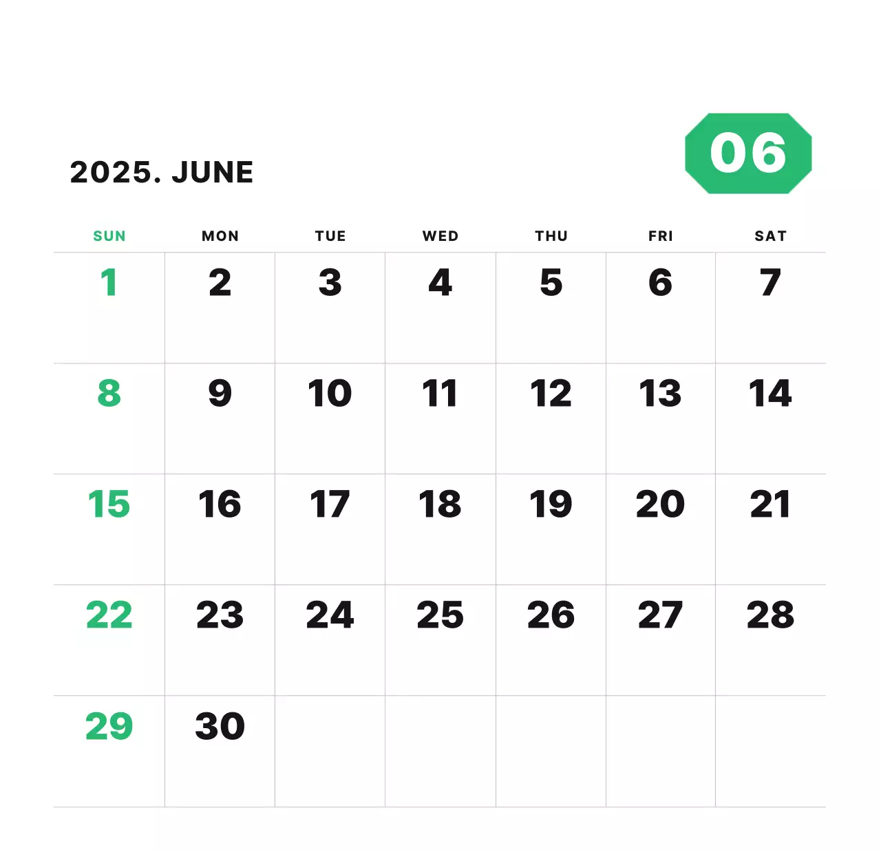 カラフルでシンプルな数字カレンダー