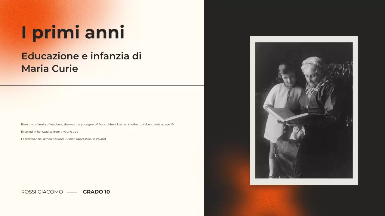 presentazione del corso di biografia moderna in nero e arancio