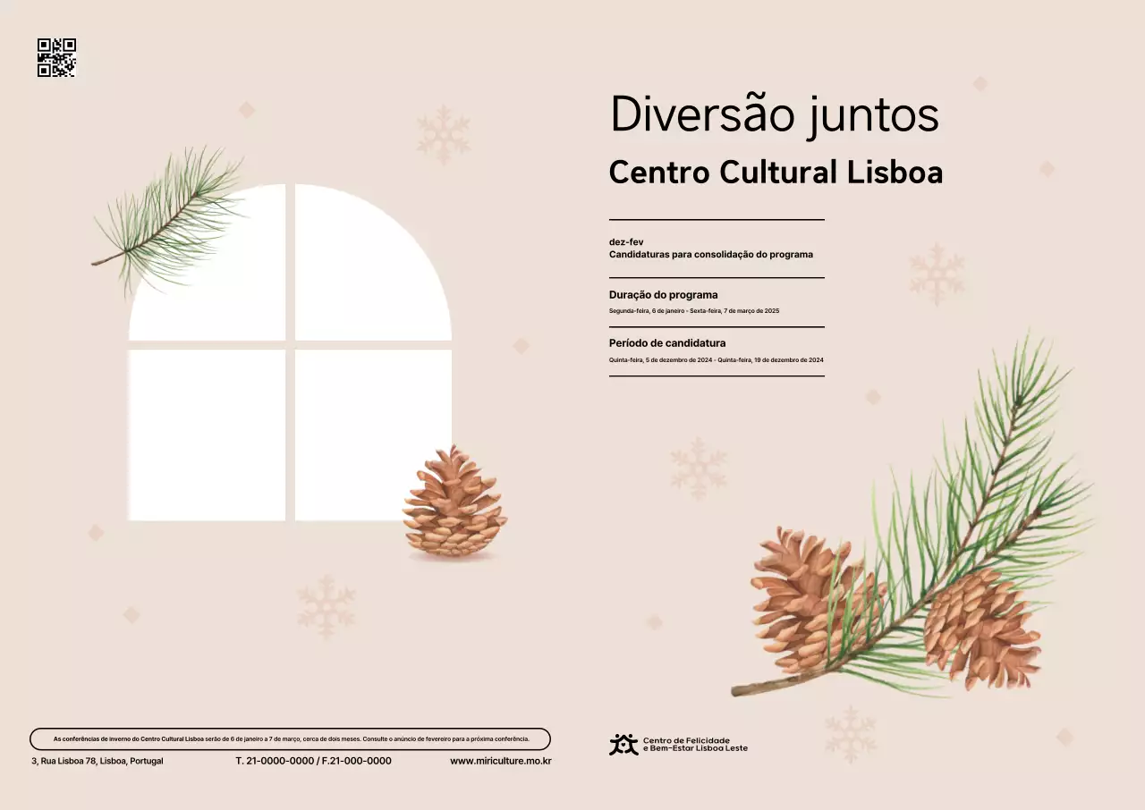 Guia de programação do centro cultural bege e limpo com ilustrações sentimentais
