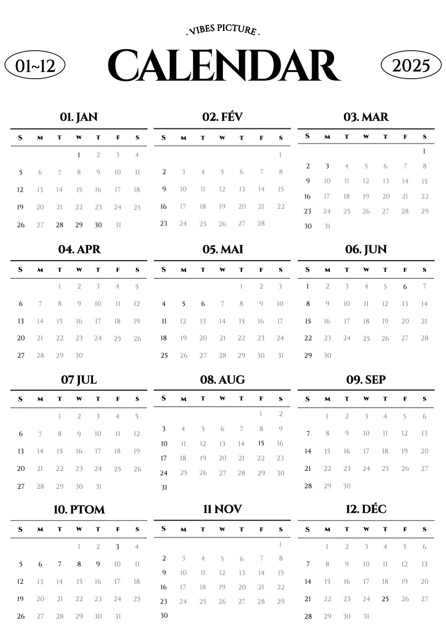 Calendrier noir et blanc par défaut