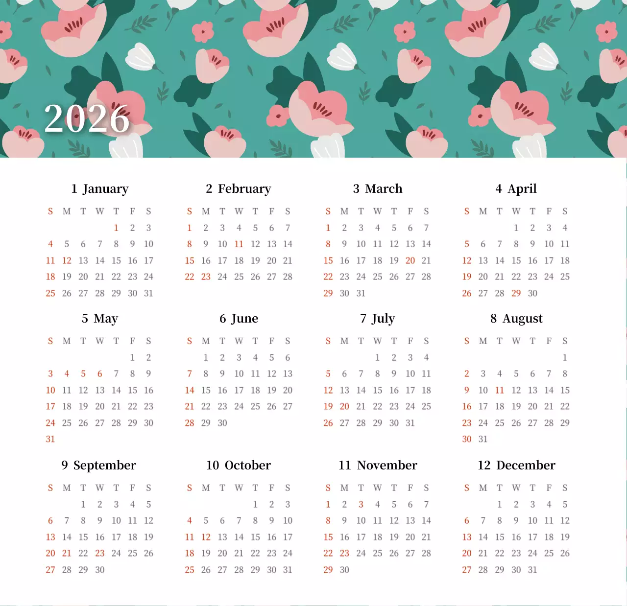 カラフルで美しい花のカレンダー