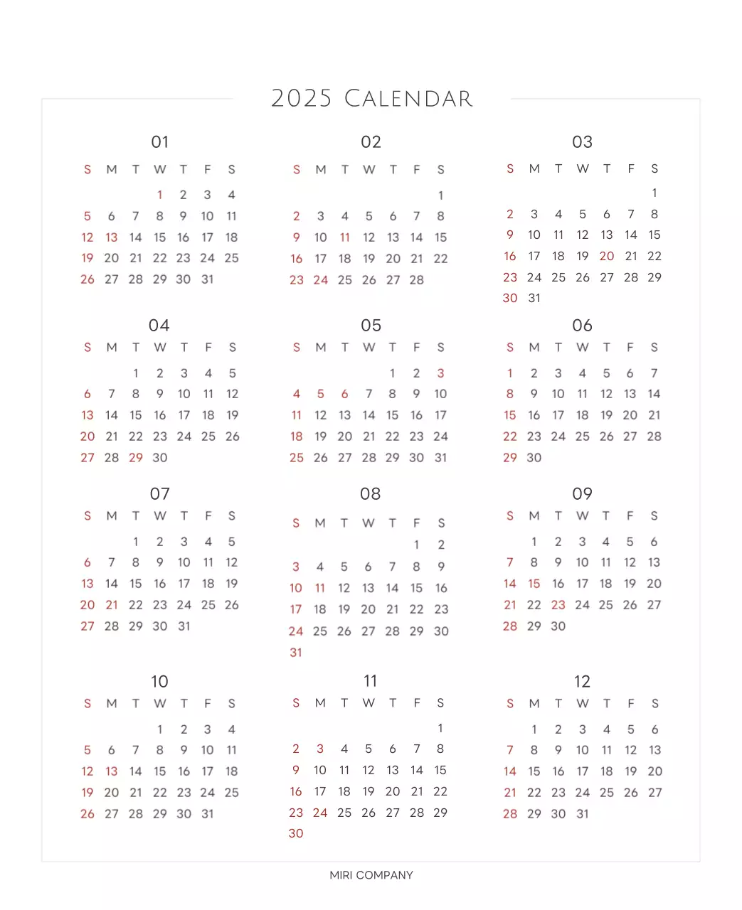 白と黒のシンプルな2025年版数字卓上カレンダー