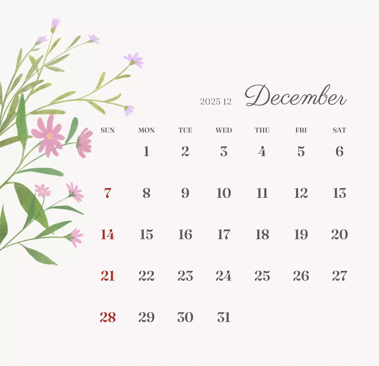 アイボリーとグリーンのシンプルな2025年花柄卓上カレンダー