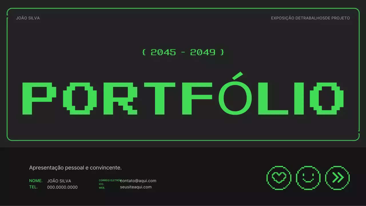 Portfolio com ilustrações simples e pixelizadas em cores néon para o novo ano