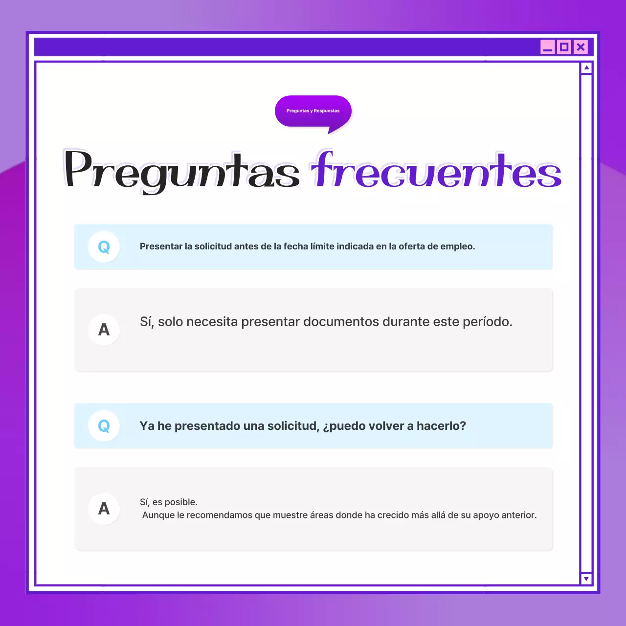 Una guía de preguntas y respuestas para la contratación, de color púrpura y kitsch