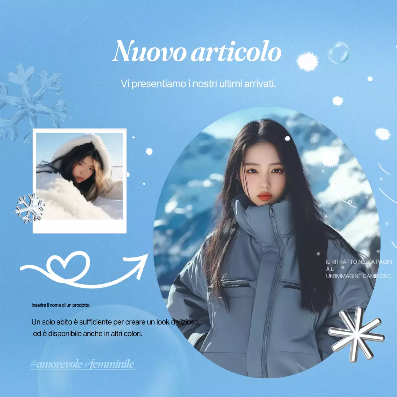 Una pubblicità del marchio di colore blu chiaro, di bellezza invernale.