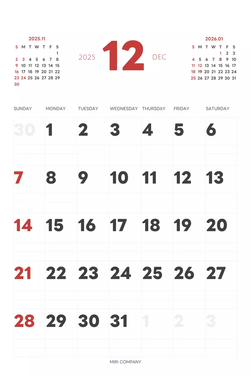 白と黒のシンプルな2025年版数字の壁掛けカレンダー