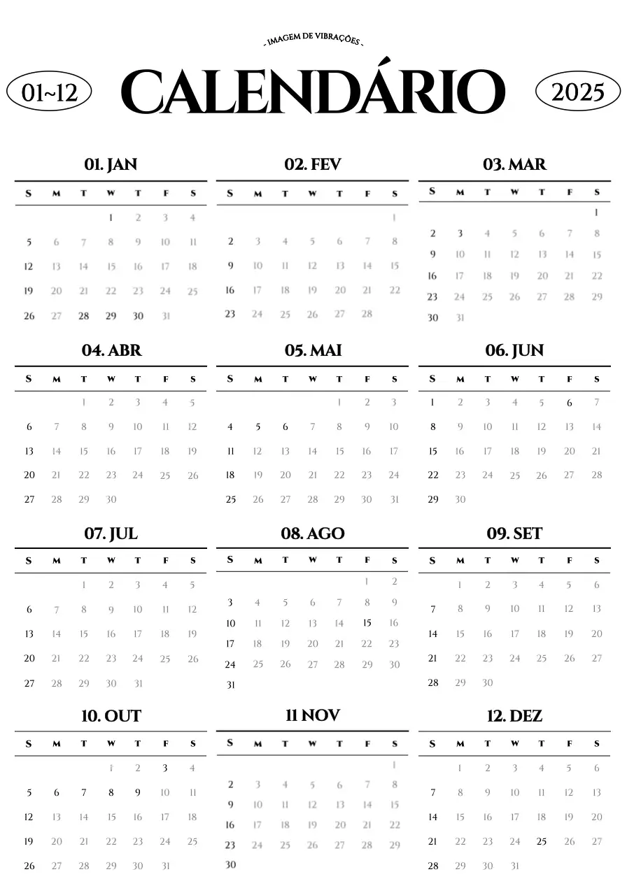Calendário predefinido a preto e branco Calendário