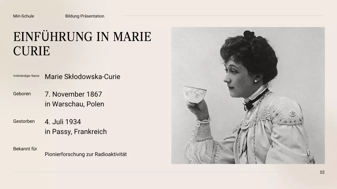 Schwarz und Beige Vintage Minimal Exploring the Life of Marie Curie Class Material