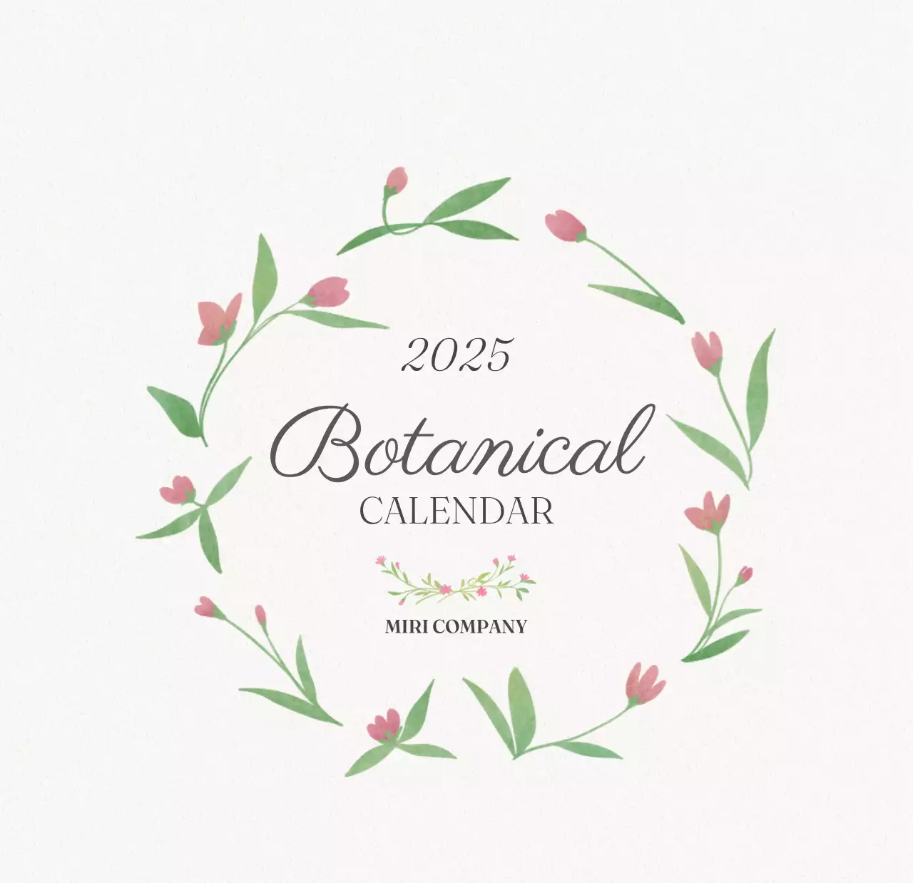 アイボリーとグリーンのシンプルな2025年花柄卓上カレンダー