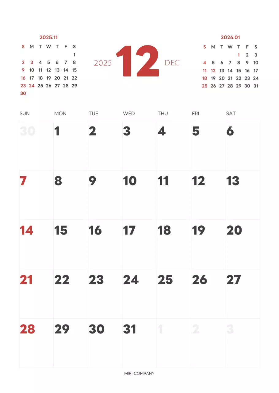 白と黒のシンプルな2025年版数字の壁掛けカレンダー