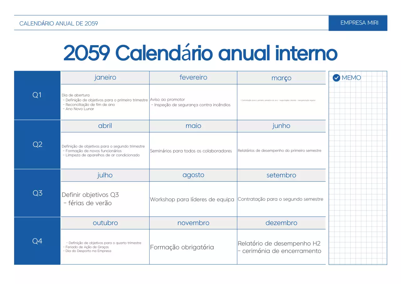 Calendário de planeamento anual azul por defeito