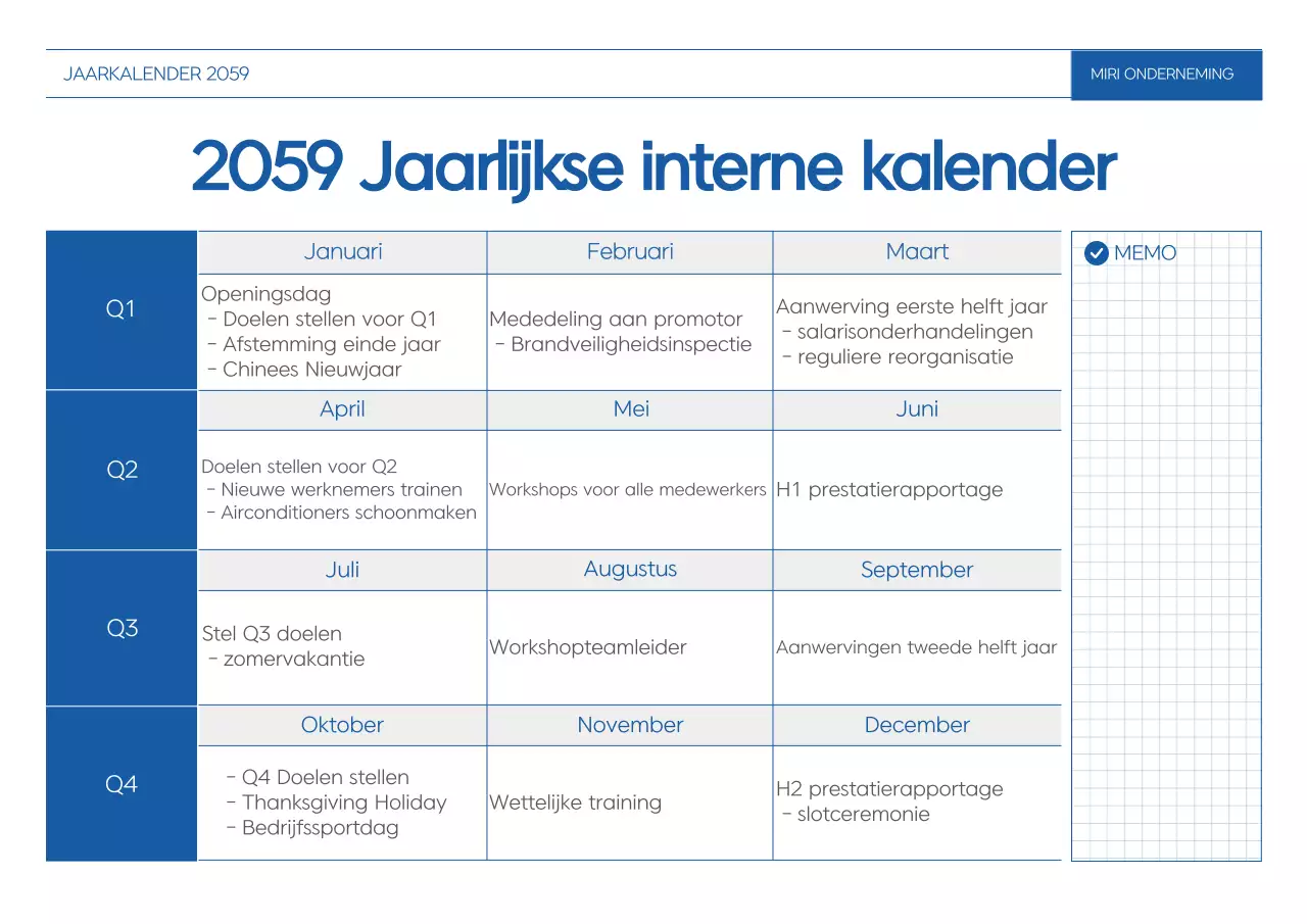 Blauwe standaard jaarplanningskalender