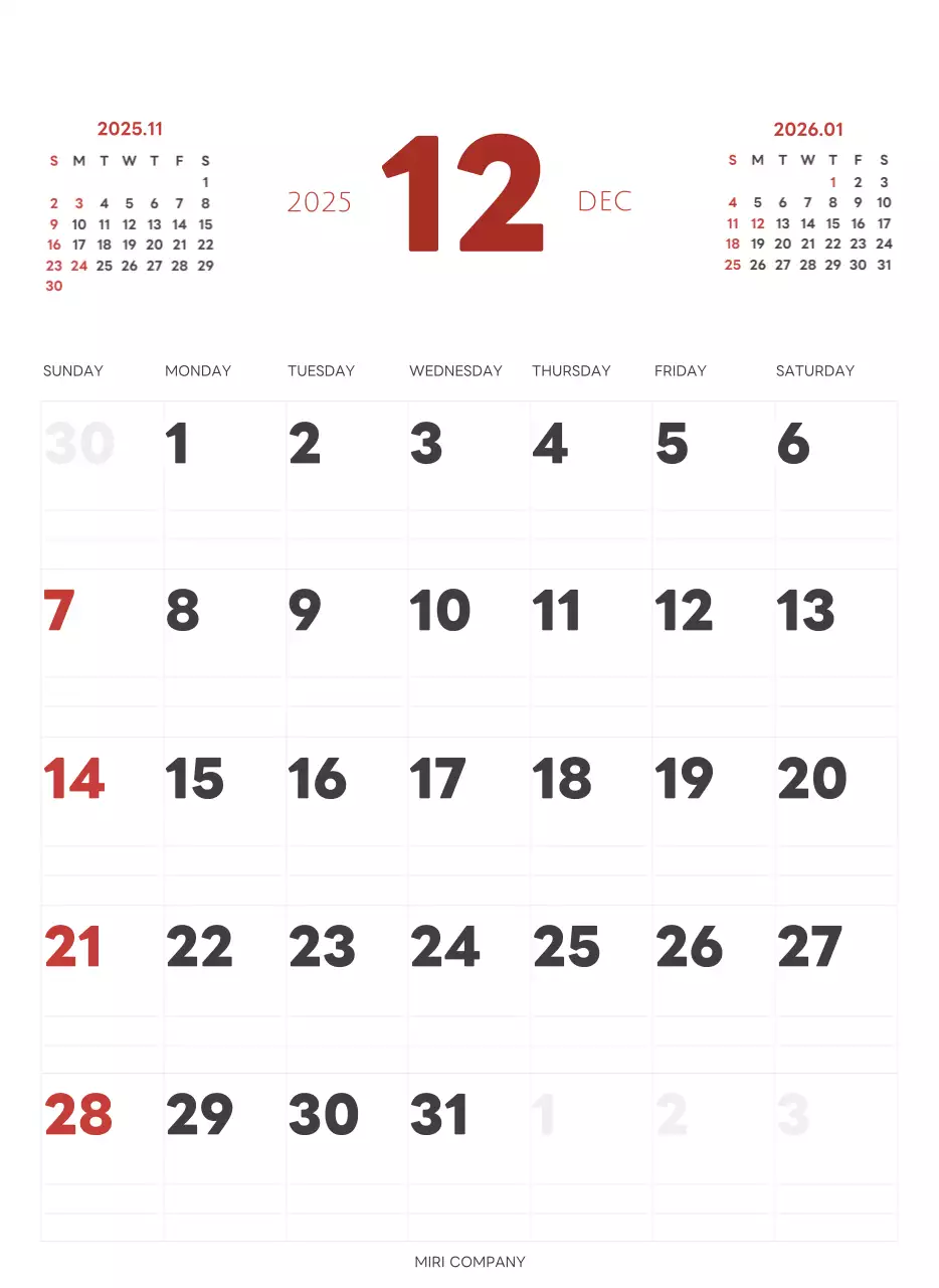 白と黒のシンプルな2025年版数字の壁掛けカレンダー