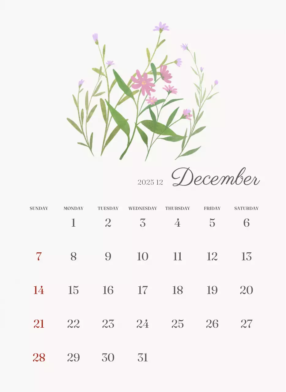 アイボリーとグリーンのシンプルな2025年花柄壁掛けカレンダー