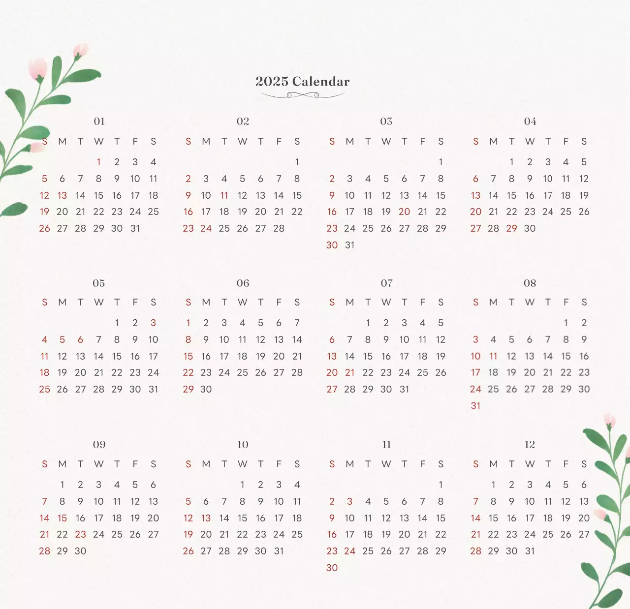 アイボリーとグリーンのシンプルな2025年花柄卓上カレンダー