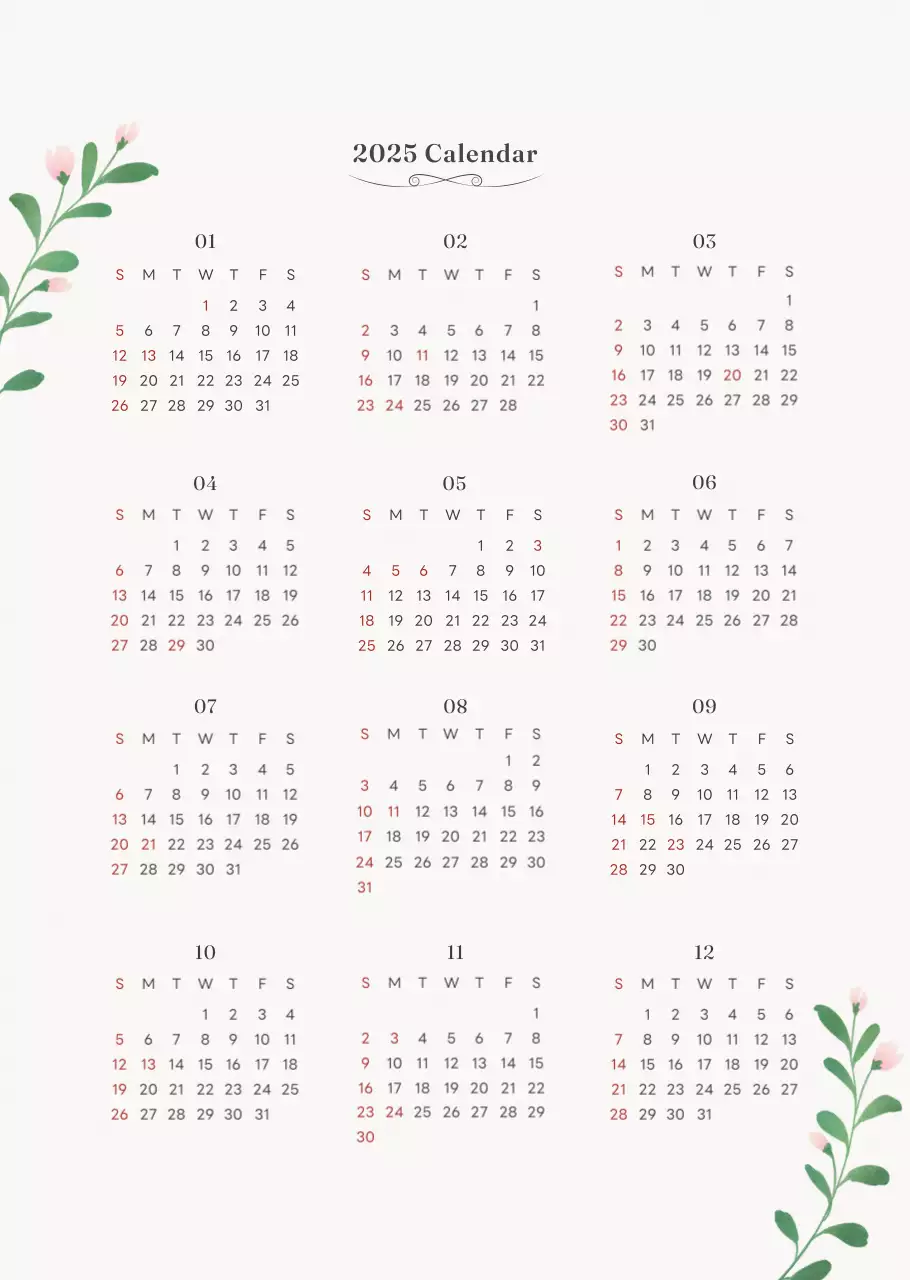 アイボリーとグリーンのシンプルな2025年花柄壁掛けカレンダー